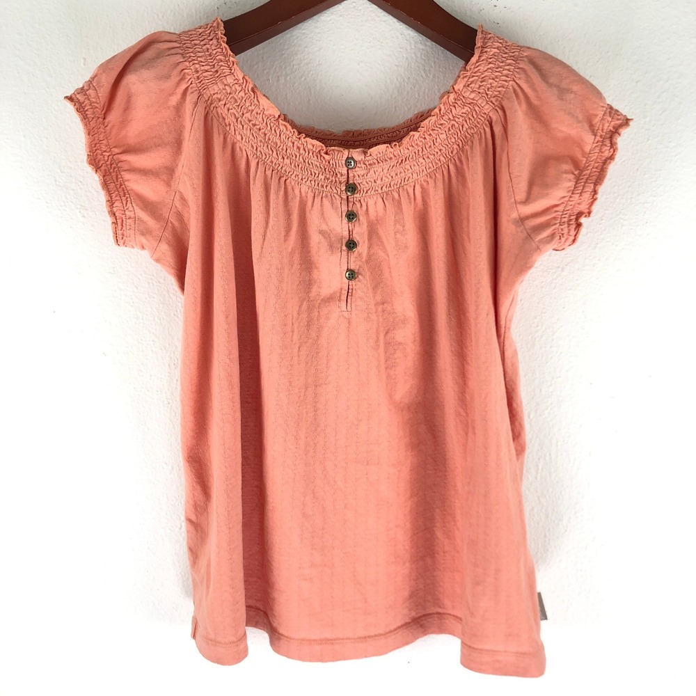 Milkmaid Prairie Fairycore Peach Cotton Pointelle Smocked Henley Peasant Top L